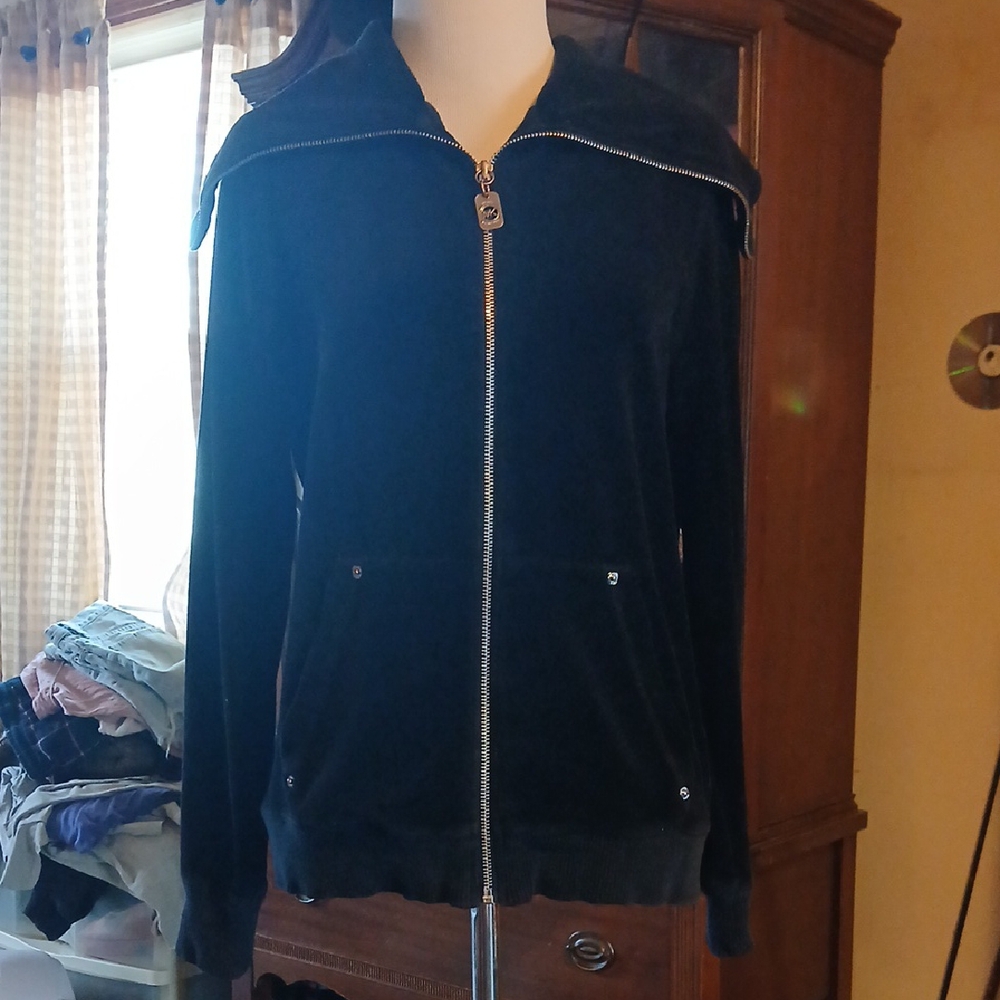 Black Velour Cowl Neck Zip Up Sweater Vintage Y2K Style Ft. Side Pockets Size M